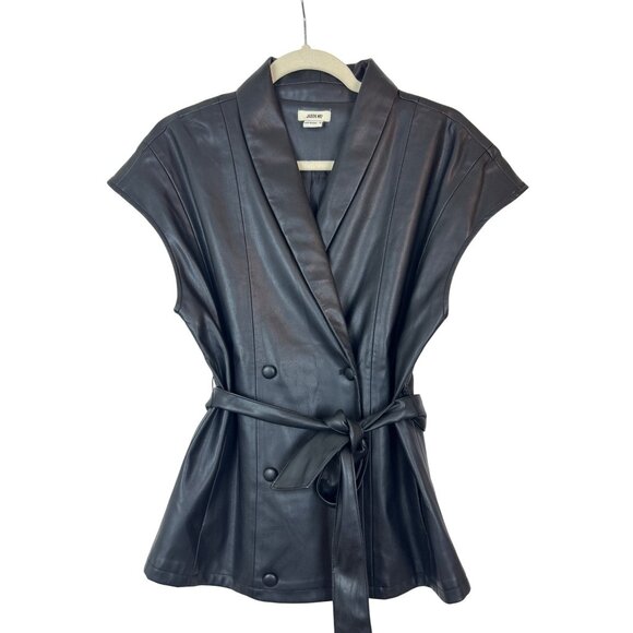 Jason Wu Belted Vest Women's M Double Breasted Faux Leather Black Cap Sleeve - Picture 1 of 8